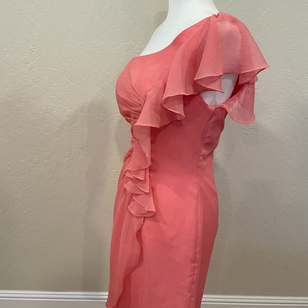 ~ Angelina Faccenda 10 peach 1-shoulder ruffle cocktail dress light flowy sheath - Picture 4 of 14